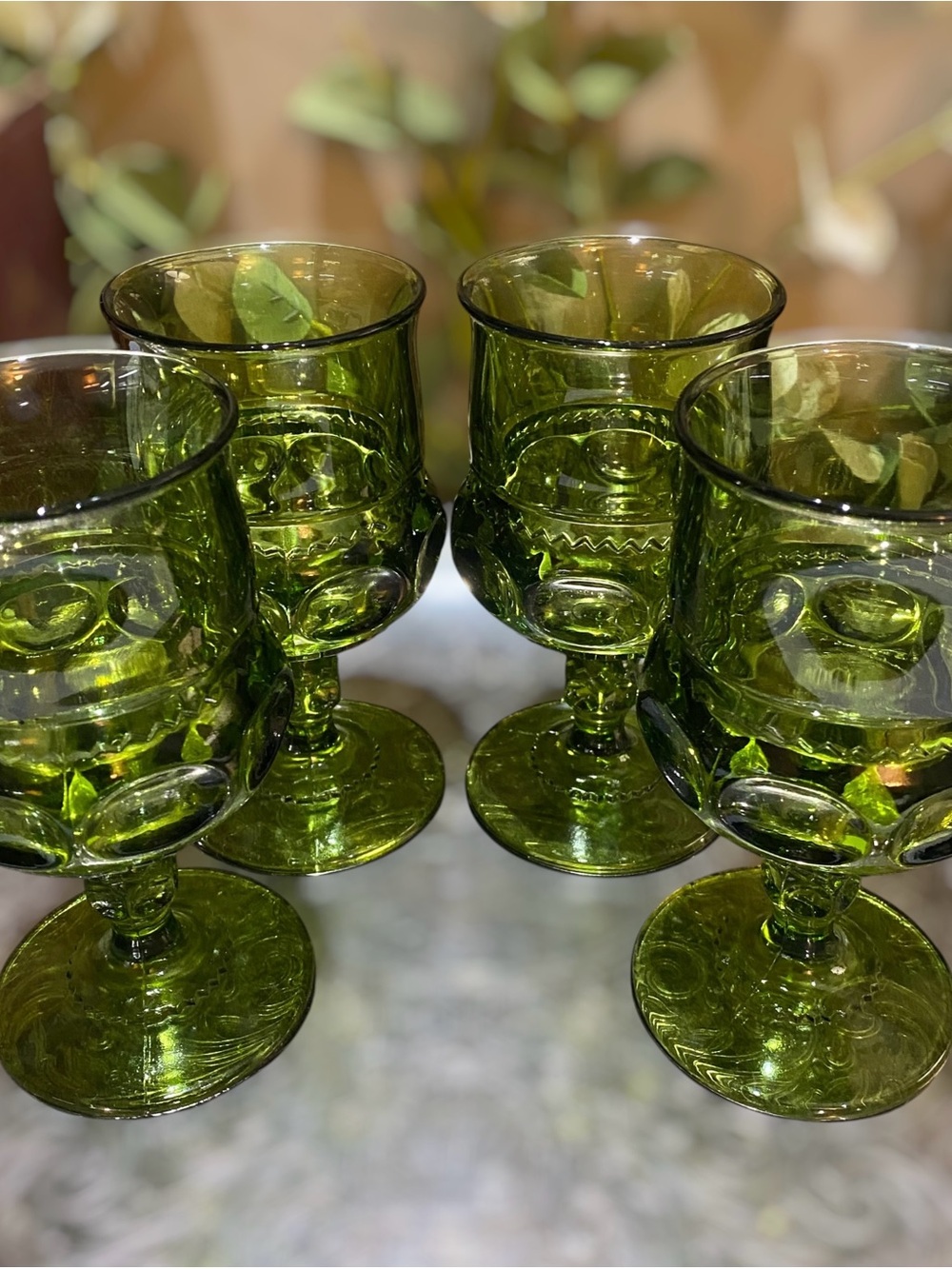 Vintage Indiana Glass Green Kings Crown Thumbprint Goblets Set 4 Water Wine - Picture 3 of 9